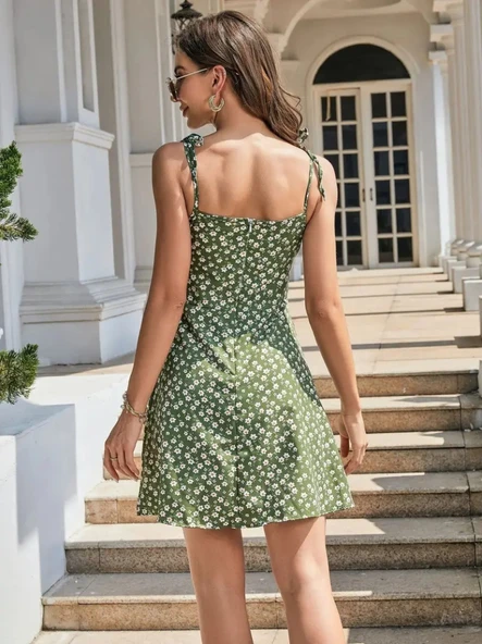 Kadın Ip Askılı Omuzlardan Bağcıklı çiçek Desenli Süprem Elbise - Resim 3