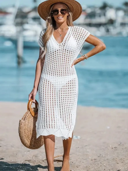 Kadın V Yaka Yanı Derin Yırtmaçlı Mi Boy Triko Elbise - Resim 4