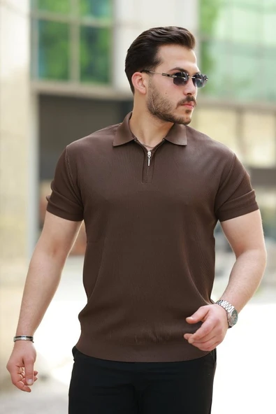Erkek Fermuarlı Yakalı Kısa Kollu Tshirt - 1