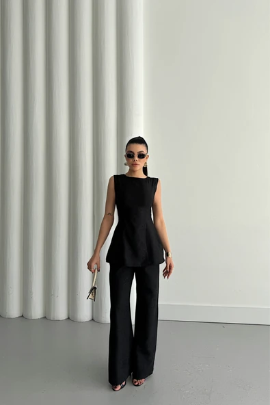 JAKAR KETEN KOLSUZ BLUZ-PANTOLON TK - Siyah - Resim 3