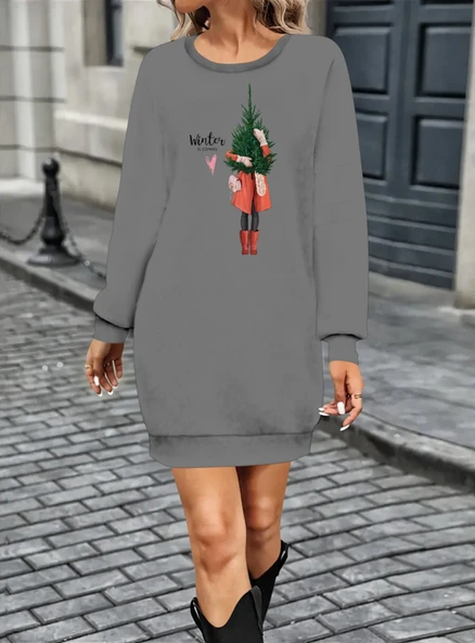 Kadın Uzun Kollu Bisiklet Yaka Desenli Kısa Viskon Iki Iplik Elbise - Resim 2