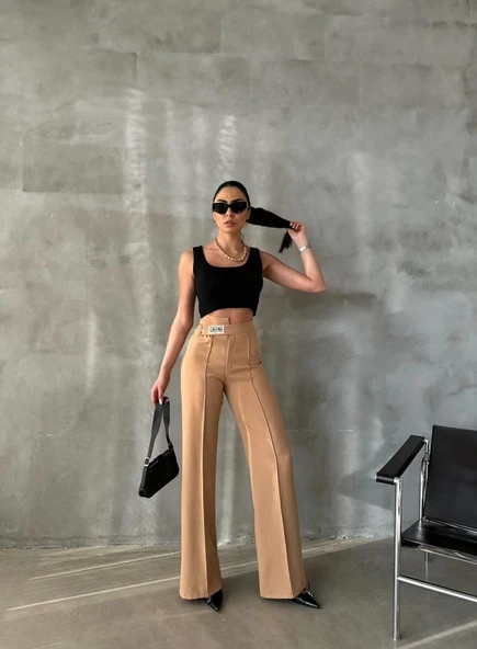 DREAMS ETİKETLİ PALAZZO PANTOLON - Bej - Resim 3