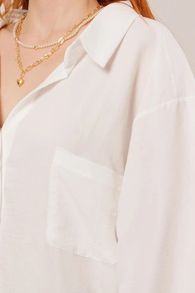 Basic Oversize Beyaz Gömlek - Resim 3