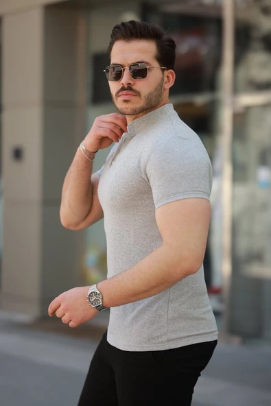 Erkek Hakim Yaka Dokuma Pamuklu Kumaş Kısa Kollu T-shirt - Resim 2