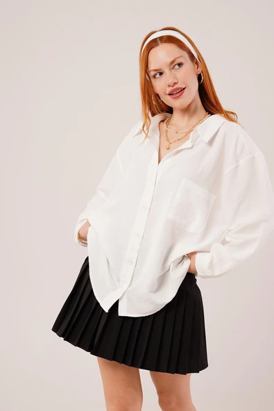 Basic Oversize Beyaz Gömlek - Resim 4