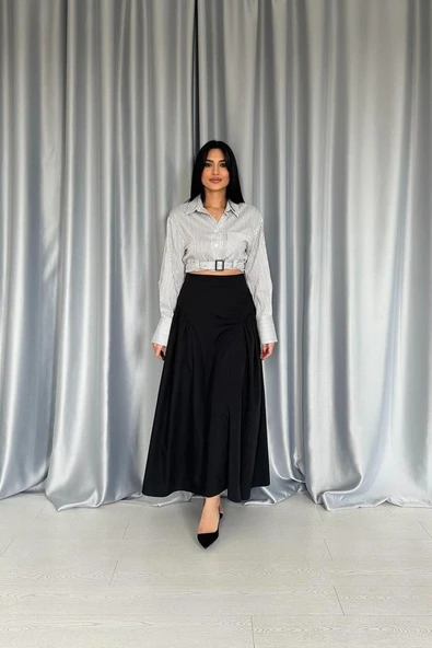 Siyah Yanları Büzgülü Uzun Etek - Resim 5