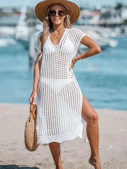 Kadın V Yaka Yanı Derin Yırtmaçlı Mi Boy Triko Elbise - Resim 2