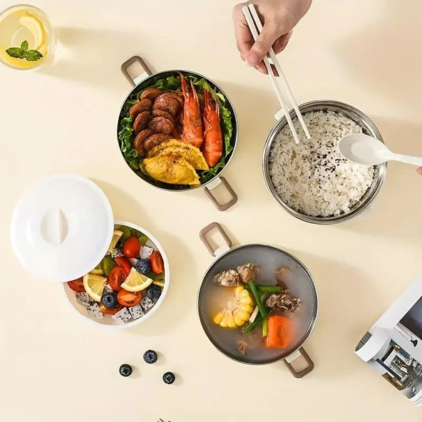 Valkyrie 4 Gözlü Paslanmaz Çelik Isı Yalıtımlı Yemek Kabı Seti Çantalı Geniş Kaplar Bento Çantalı - Resim 3