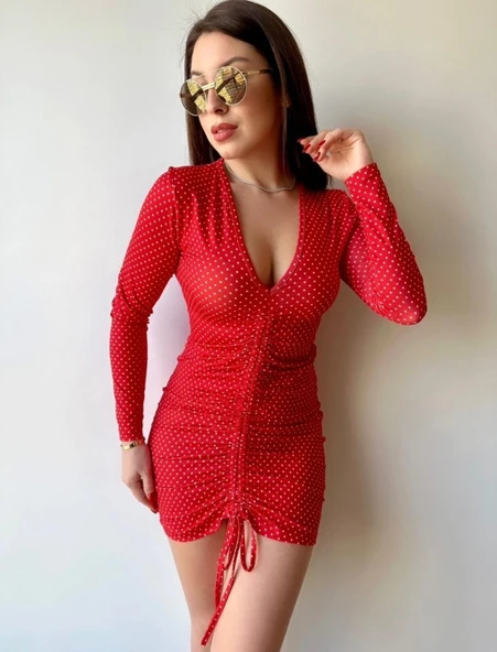 Kadın V Yaka önü Asansör Büzgü Detay Fırsat ürün Puantiyeli Mini Elbise - Resim 2