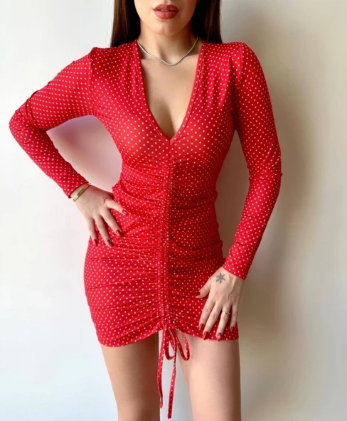 Kadın V Yaka önü Asansör Büzgü Detay Fırsat ürün Puantiyeli Mini Elbise ürün görseli