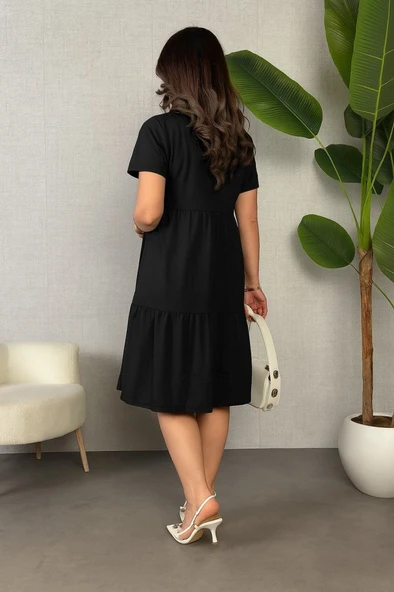 Kadın Kısa Kollu V Yakalı Viskon Elbise - Resim 3
