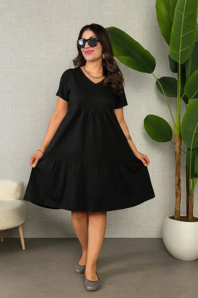 Kadın Kısa Kollu V Yakalı Viskon Elbise - Resim 2