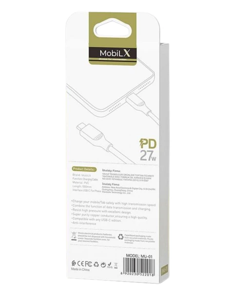 MobiLX MU-01 Type-C to Lightning PD 27W Şarj ve Data Kablosu (1m) – iPhone Uyumlu - 3