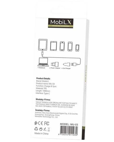 MobiLX MU-03 3.4A Bakır Uç Silikon USB to Type-C Şarj ve Data Kablosu (1m) - 3
