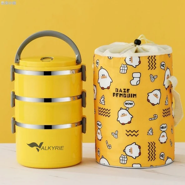 Valkyrie 3 Gözlü Paslanmaz Çelik Penguen Desenli Sarı Termal Bento Kutusu Çocuklar İçin Şirin