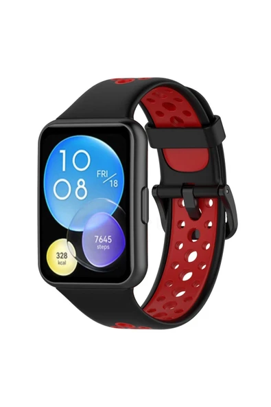 Huawei Watch Fit 2 Spor Delikli Kordon - Siyah-Kırmızı - 1
