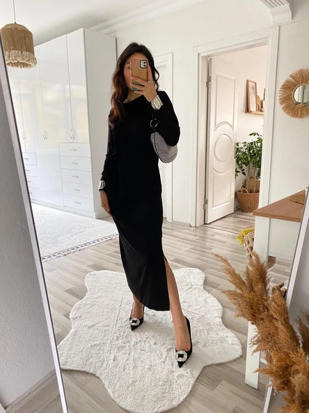 Kadın Uzun Kollu Bisiklet Yaka Belden çapraz Bağlamalı Yandan Yırtmaçlı Uzun Viskon Iki Iplik Elbise - Resim 3