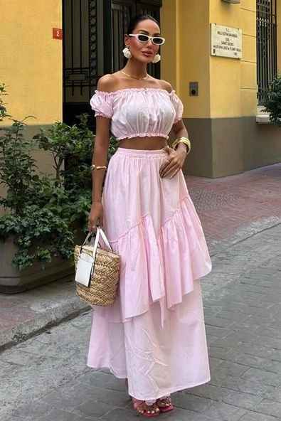 Büzgülü Crop Kat Detaylı Fırfır Etekli Takım 10196 - Resim 8