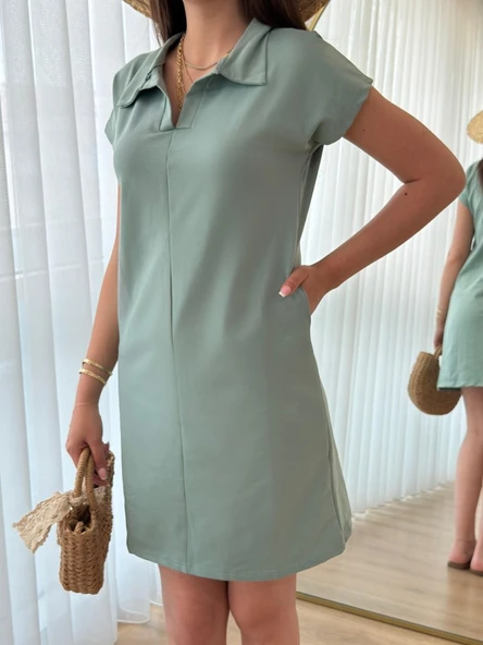 Kadın Kısa Kollu Yakalı Viskon Iki Iplik Elbise - Resim 7