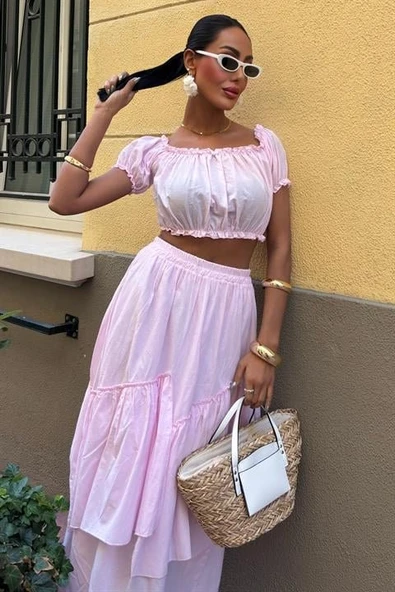 Büzgülü Crop Kat Detaylı Fırfır Etekli Takım 10196 - Resim 7