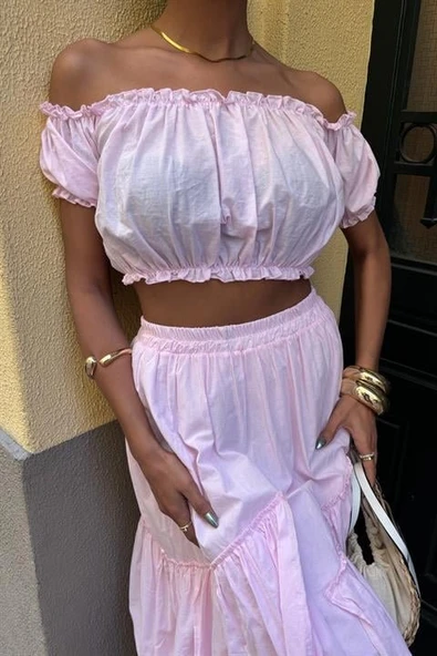 Büzgülü Crop Kat Detaylı Fırfır Etekli Takım 10196 - Resim 9