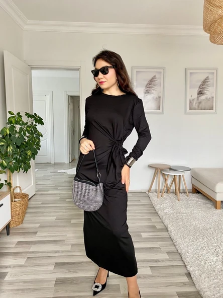 Kadın Uzun Kollu Bisiklet Yaka Belden çapraz Bağlamalı Yandan Yırtmaçlı Uzun Viskon Iki Iplik Elbise - Resim 12