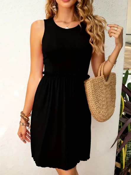 Kadın Kolsuz Bel Lastik Ve Büzgü Detay Viskon Mini Elbise - Resim 4