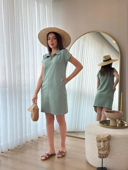 Kadın Kısa Kollu Yakalı Viskon Iki Iplik Elbise - Resim 8