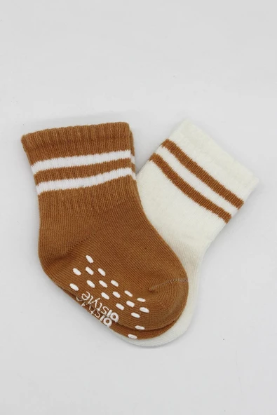 Bistyle Çemberli Kaymaz Soket Çorap 2'Li BS10125 Ekru Hardal - Resim 4