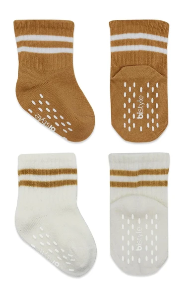Bistyle Çemberli Kaymaz Soket Çorap 2'Li BS10125 Ekru Hardal - Resim 2