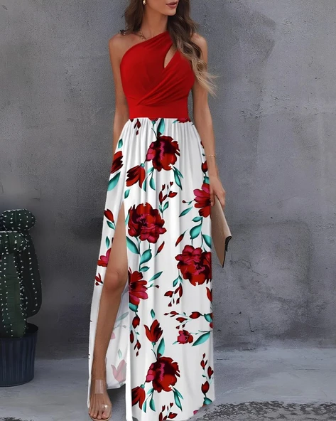 Kadın Tek Omuzdan Askılı Damla Detaylı üst Dalgıç Alt Süprem Maxi Elbise - Resim 3