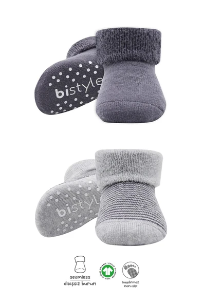 Bistyle Çemberli Kaymaz Havlu Soket Çorap 2'Li BS10503 Gri-Antrasit ürün görseli