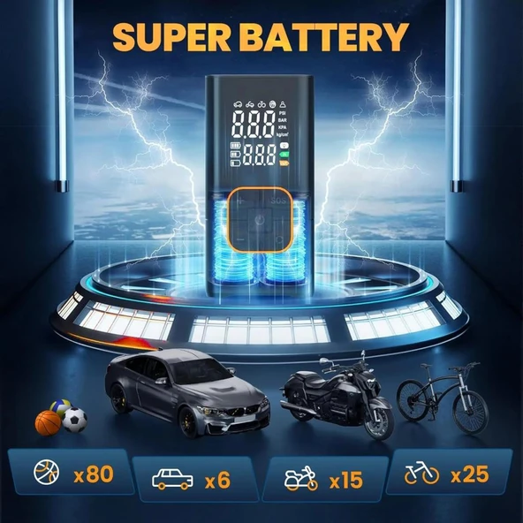 Dijital Kablosuz Usb 2*2000Mah Göstergeli Oto Lastik, Bisiklet Hava Pompası Kompresörü - 5