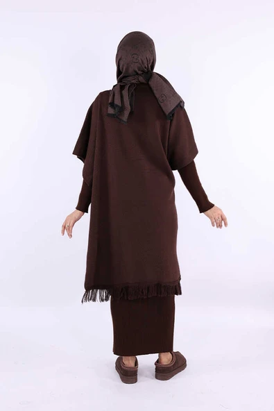 12630 Şal Bağlamalı Triko Panço Kahverengi - 2