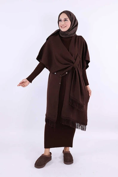 12630 Şal Bağlamalı Triko Panço Kahverengi