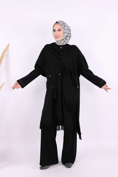 12630 Şal Bağlamalı Triko Panço Siyah