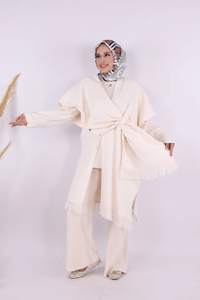 12630 Şal Bağlamalı Triko Panço Taş - 3