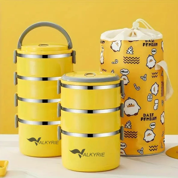 Valkyrie 4 Gözlü Paslanmaz Çelik Penguen Desenli Sarı Termal Bento Kutusu Çocuklar İçin Şirin