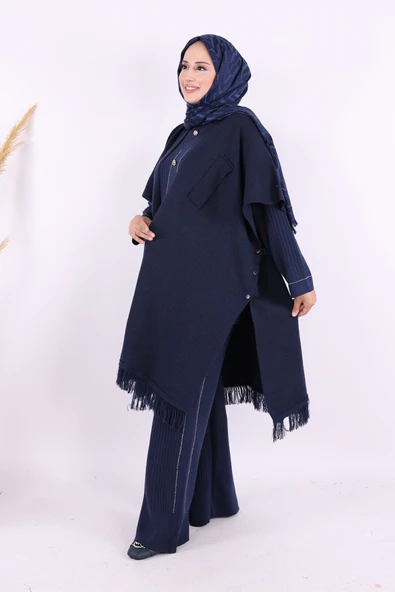 12630 Şal Bağlamalı Triko Panço Lacivert - 2