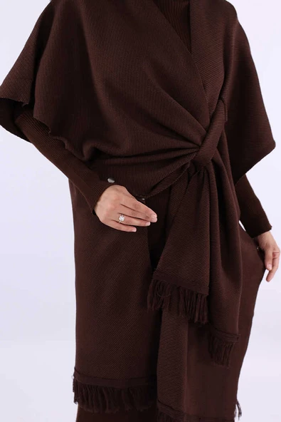 12630 Şal Bağlamalı Triko Panço Kahverengi - 4