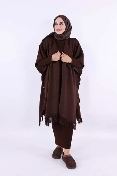 12630 Şal Bağlamalı Triko Panço Kahverengi - 3