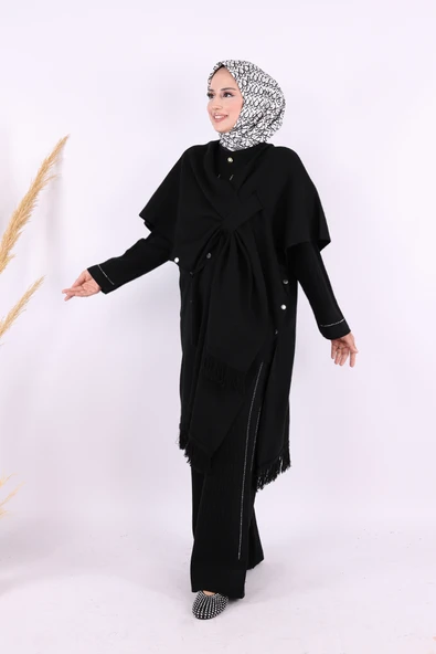 12630 Şal Bağlamalı Triko Panço Siyah - 2