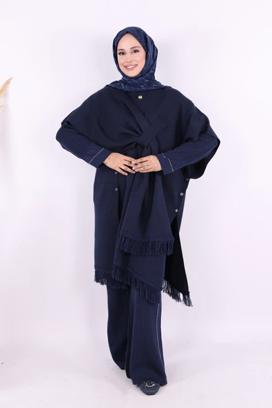 12630 Şal Bağlamalı Triko Panço Lacivert - 3