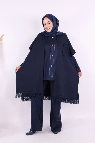 12630 Şal Bağlamalı Triko Panço Lacivert