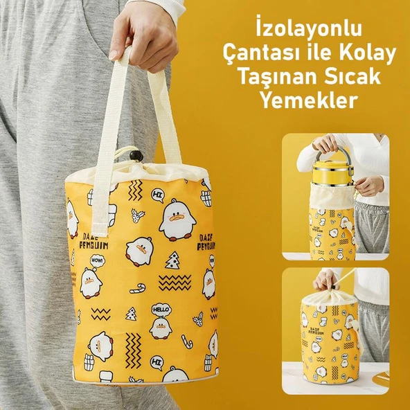 Valkyrie 4 Gözlü Paslanmaz Çelik Penguen Desenli Sarı Termal Bento Kutusu Çocuklar İçin Şirin - 5