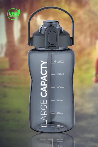 Sağlıklı Polikarbon 1.5L Su Matarası - Pipetli, Taşınabilir, Gri Mor Renk, Büyük Kapasiteli Suluk - Resim 8