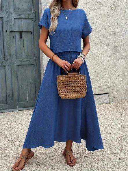 Kadın Kısa Kollu Bisiklet Yaka Bluz Etekli Ithal Keten Ikili Takım - Resim 3