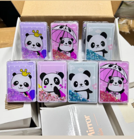 Panda Tasarımlı Simli Sulu Kozmetik Dikdörtgen Cep Çanta Aynası Kapaklı El Makyaj Aynası - 3