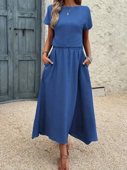 Kadın Kısa Kollu Bisiklet Yaka Bluz Etekli Ithal Keten Ikili Takım - Resim 4