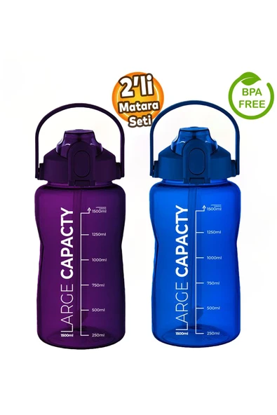 Sağlıklı Polikarbon 1.5L Su Matarası - Pipetli, Taşınabilir, Mavi Mor Renk, Büyük Kapasiteli Suluk ürün görseli